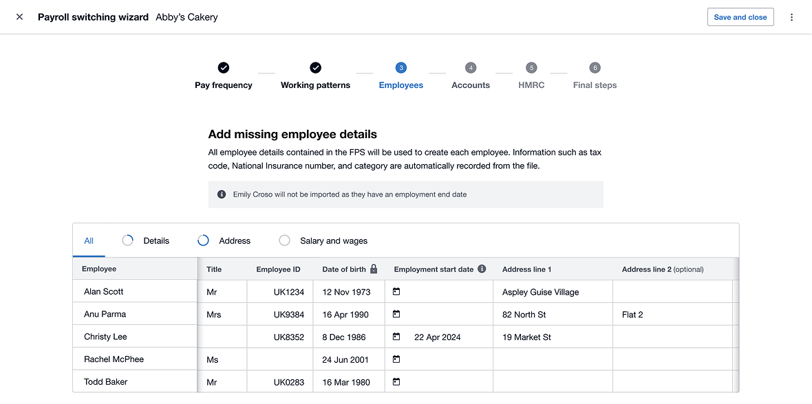Switching wizard header Table of employees